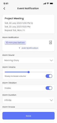 NextTimer event notification settings screen